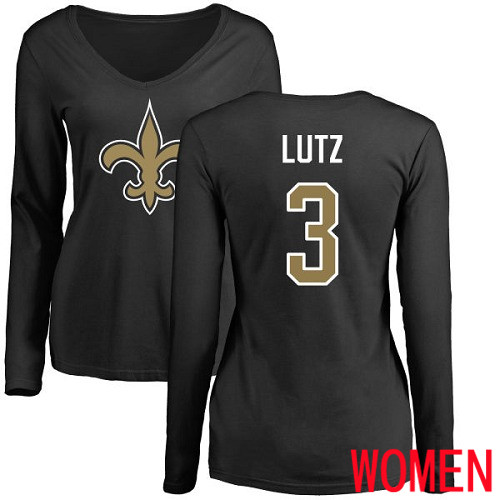 New Orleans Saints Black Women Wil Lutz Name and Number Logo Slim Fit NFL Football #3 Long Sleeve T Shirt